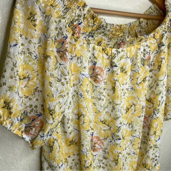 Joie Women's Yellow Floral Smocked Off Shoulder Chiffon Top M Cottagecore Boho - Picture 2 of 9